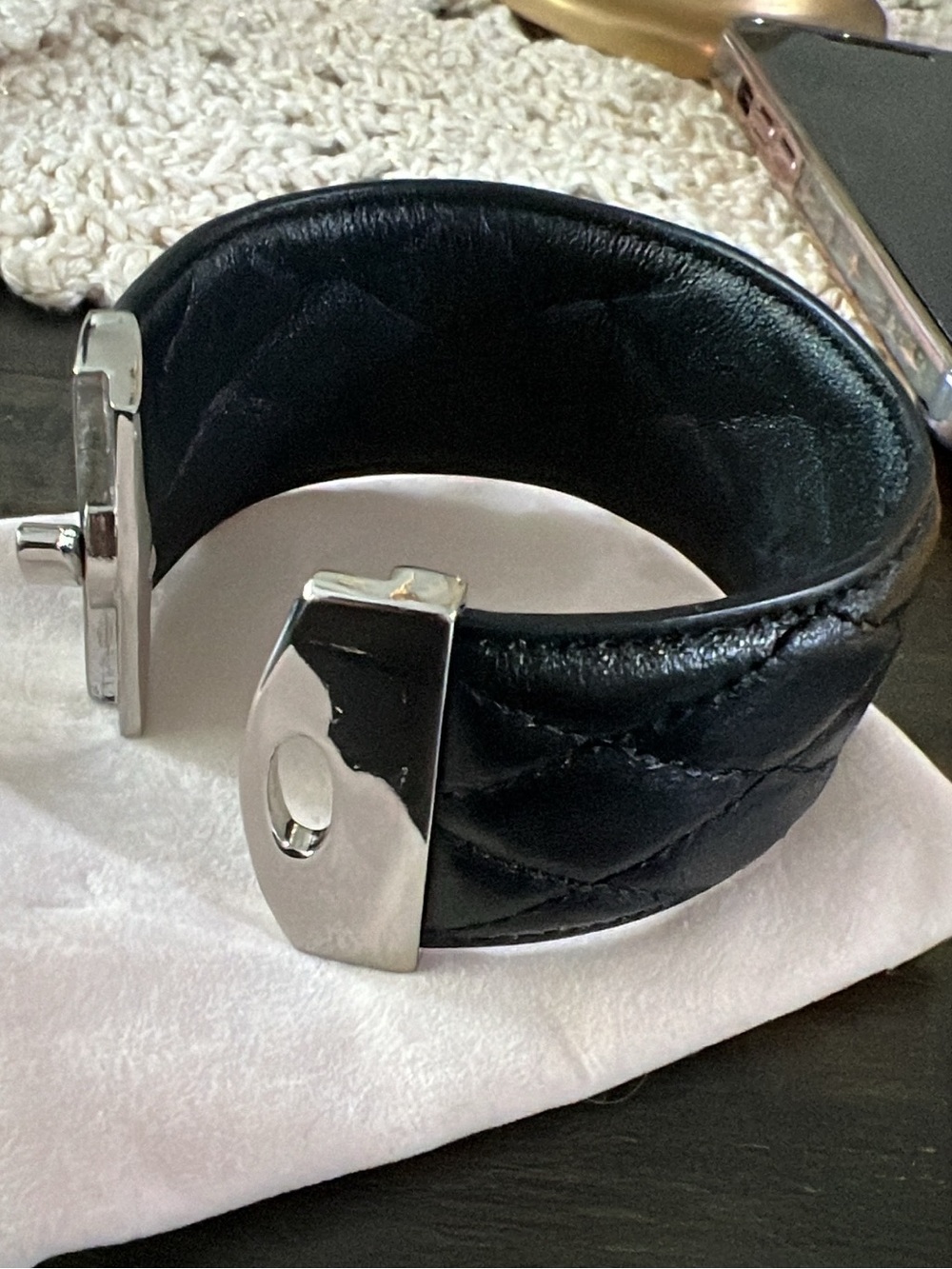 Women’s Black Leather Cuff Bracelet with Silver Hardware